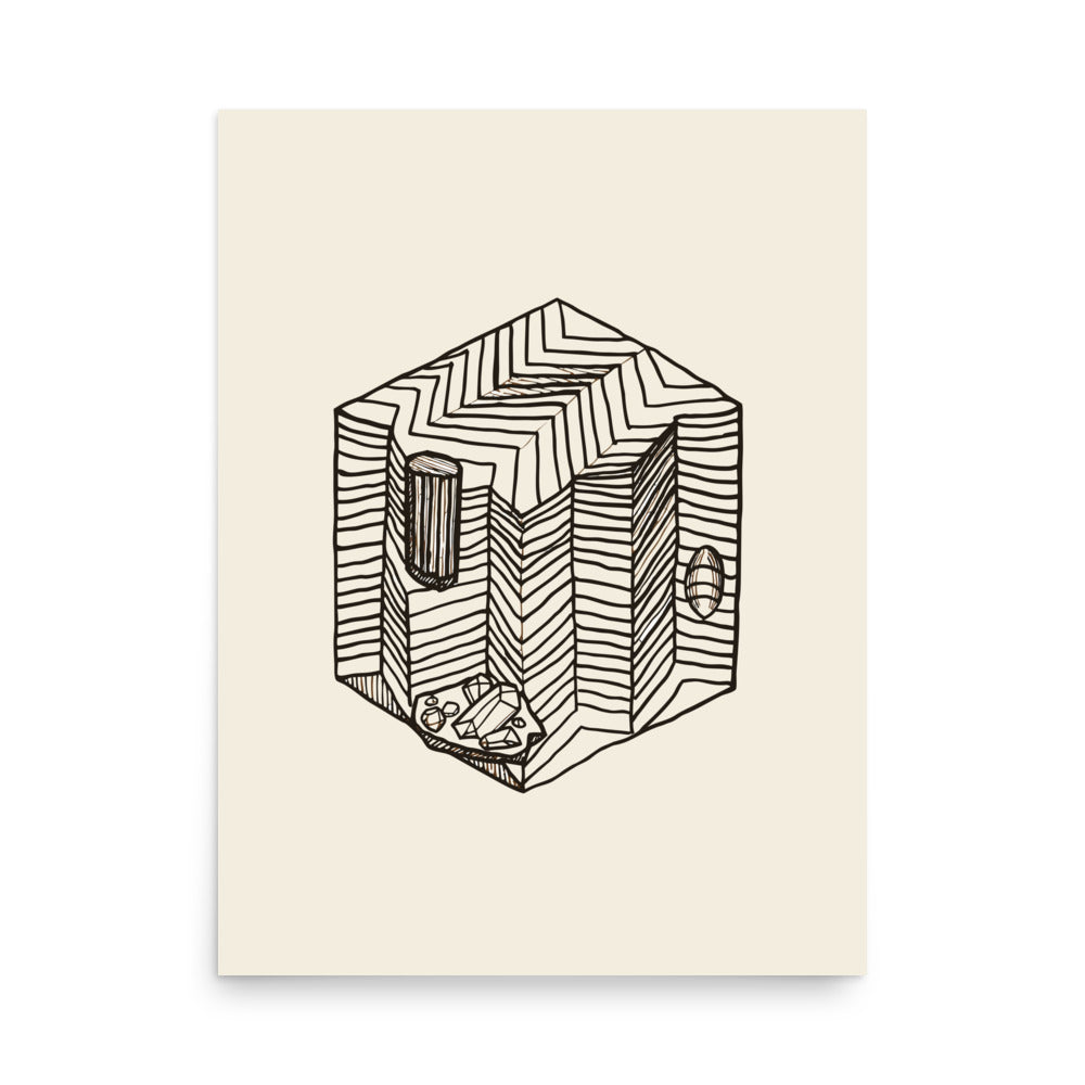 Minimalist line drawing of a square geological block showing sharp-angled chevron folds on an art print. 18″×24″ size.