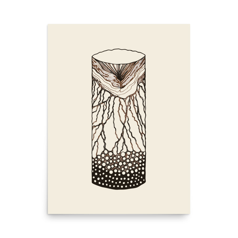 A geological line art diagram of a vertical drilled basalt core sample printed on an art print. 18″×24″ size.