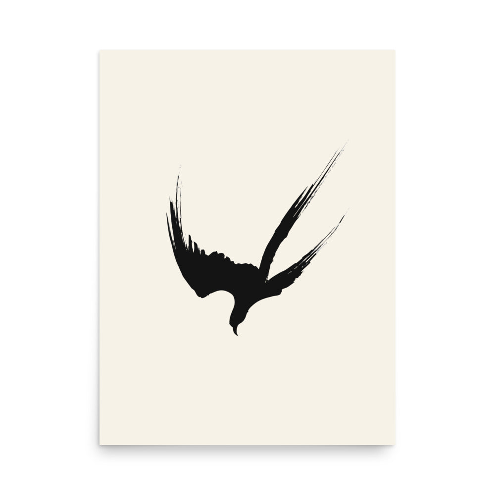A minimalist three-stroke sumi-e hawk design with dry-brush texture printed on an art print. 18″×24″ size.