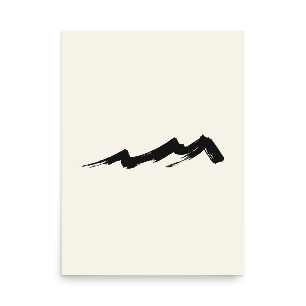 A sharp jagged spur mountain sumi-e design printed on an art print. 18″×24″ size.
