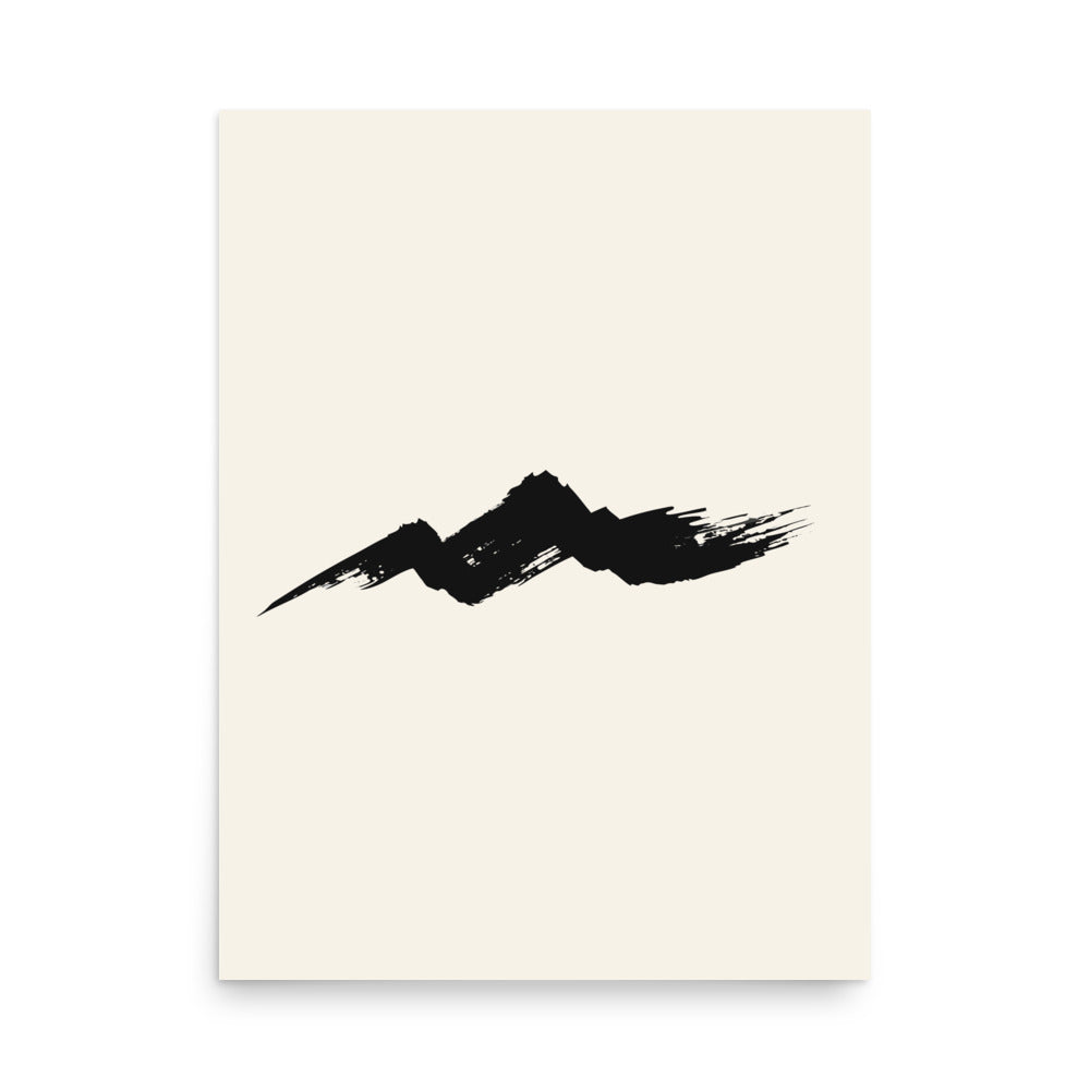 A single horizontal fractured dry-brush sumi-e ink stroke representing a rugged mountain ridge, printed on an art print. 18″×24″ size.