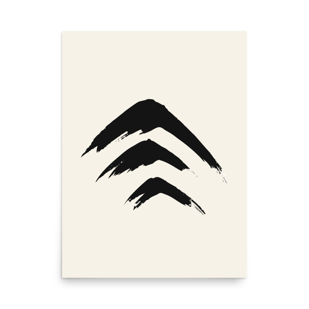 Three stacked sumi-e mountain peaks printed on a minimal art print. 18″×24″ size.