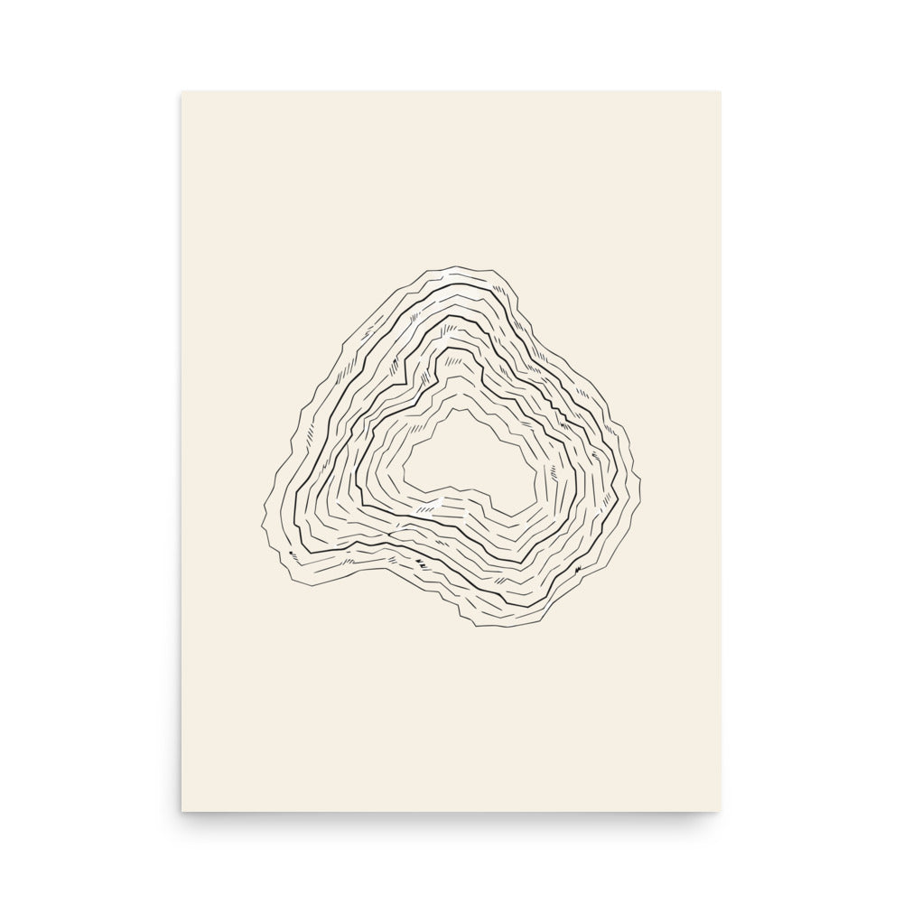 A minimalist topographic contour map design depicting a karst uvala depression on an art print. 18″×24″ size.