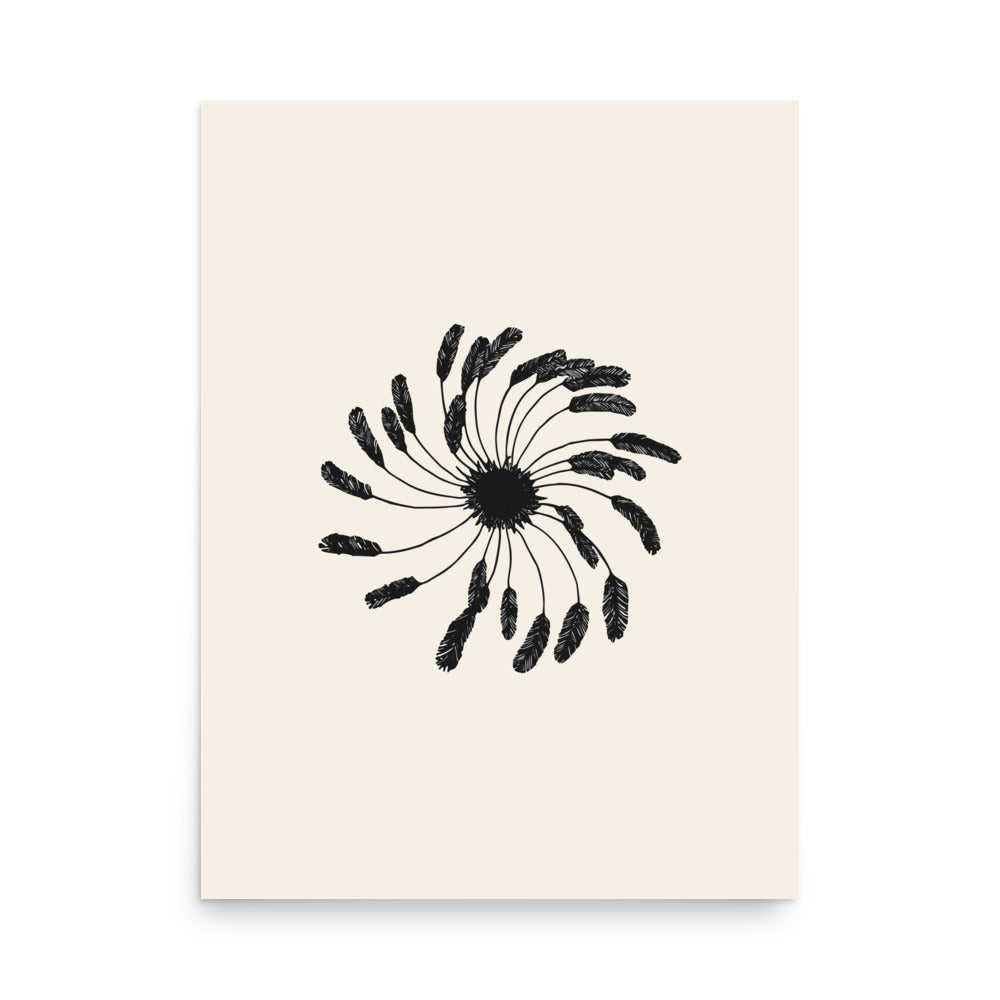 A minimalist art print featuring a central clematis seed head with fine feathery lines on an off-white background. 18″×24″ size.