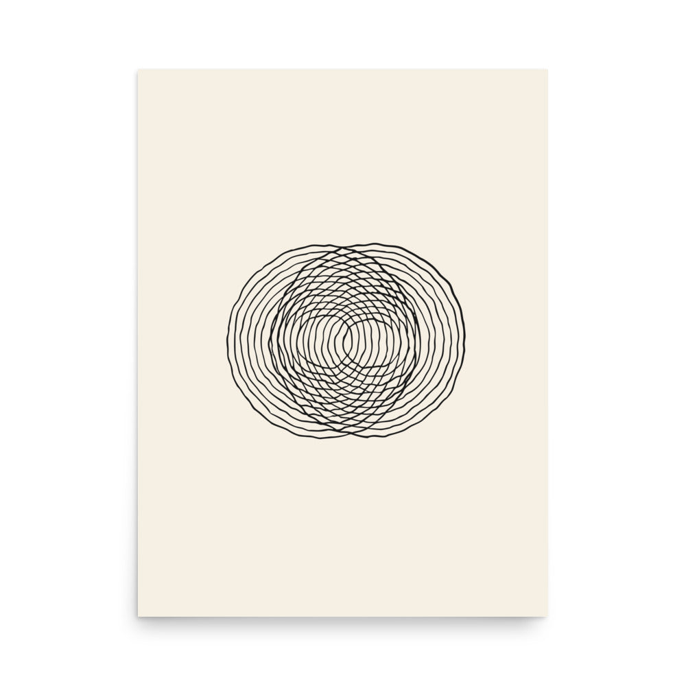 A minimalist diagram of intersecting concentric raindrop ripple rings printed on an art print. 18″×24″ size.