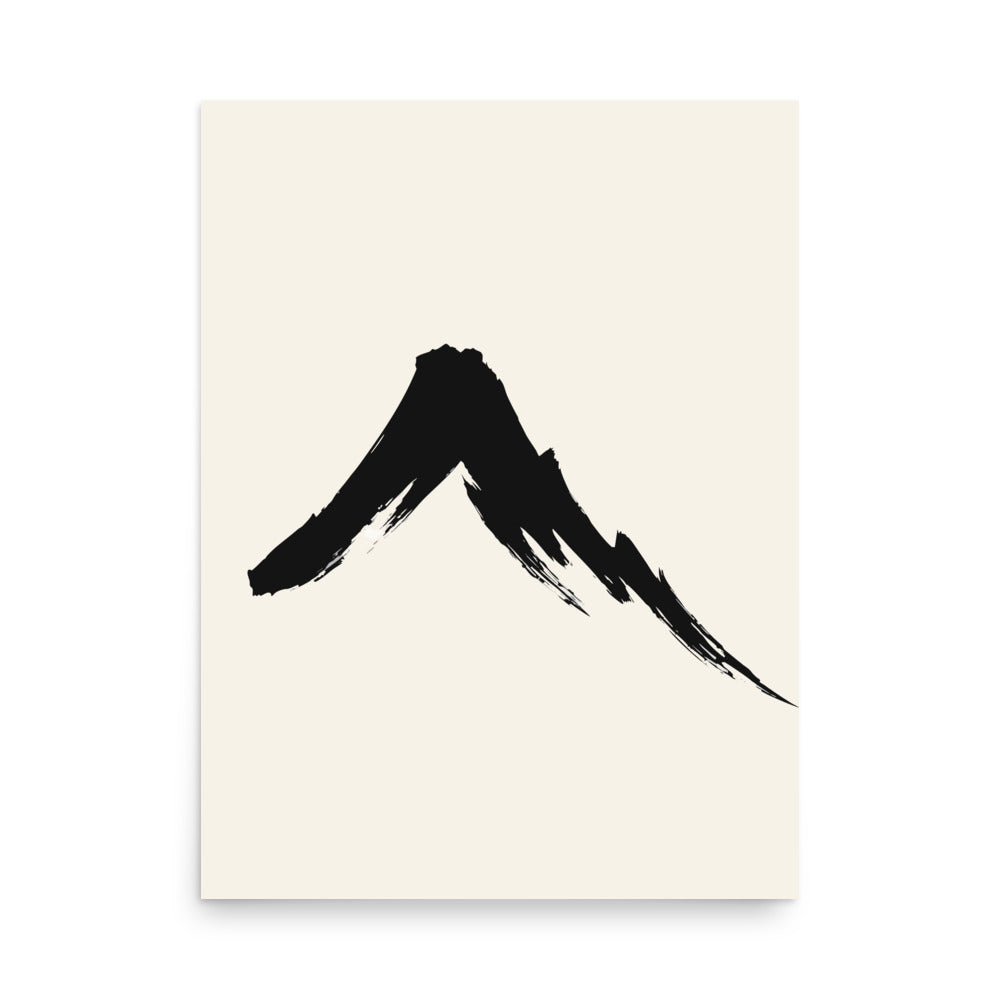 A single downward sumi-e ink brush stroke depicting a steep volcanic mountain slope on an art print. 18″×24″ size.