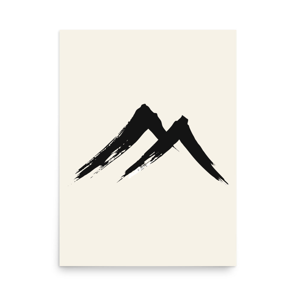 A sharp, two-stroke sumi-e mountain peak design printed on an art print. 18″×24″ size.