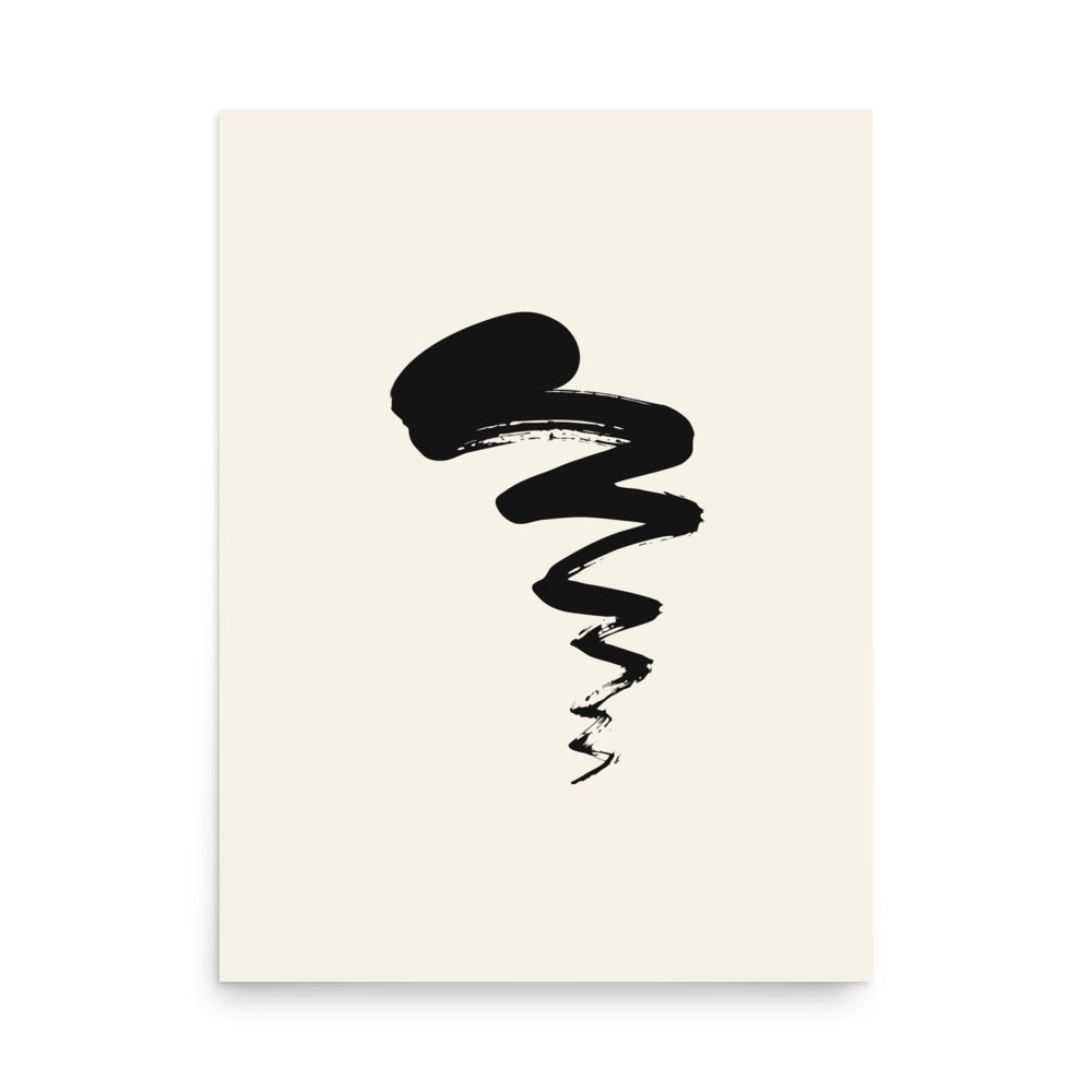 A black sumi-e ink painting of a swimming tadpole with a thick head and dry-brush tail printed on a paper art print. 18″×24″ size.