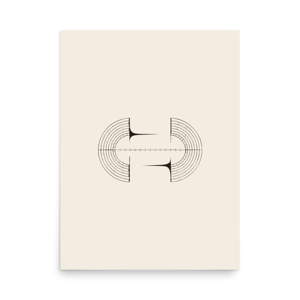 A minimalist diagram of opposing curved lines representing frost boundaries along a horizontal axis printed on an art print. 18″×24″ size.