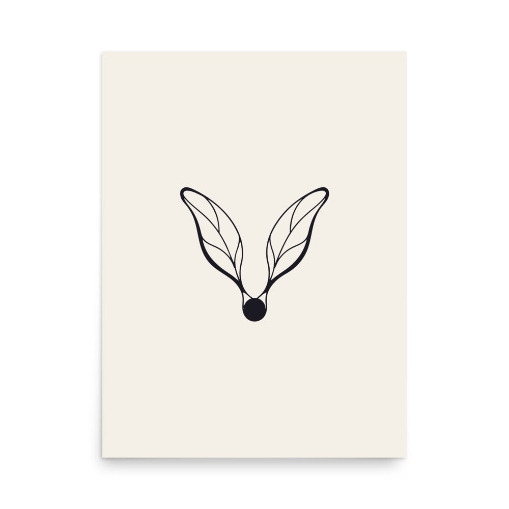 A clean hairline drawing of a winged botanical alien seed specimen printed on an art print. 18″×24″ size.