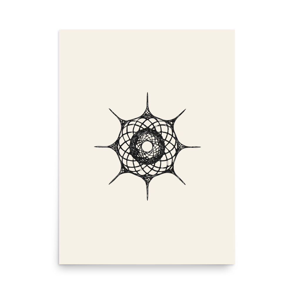 Minimalist line drawing of a Hexacontium radiolarian skeleton with six radial spines printed on an art print. 18″×24″ size.