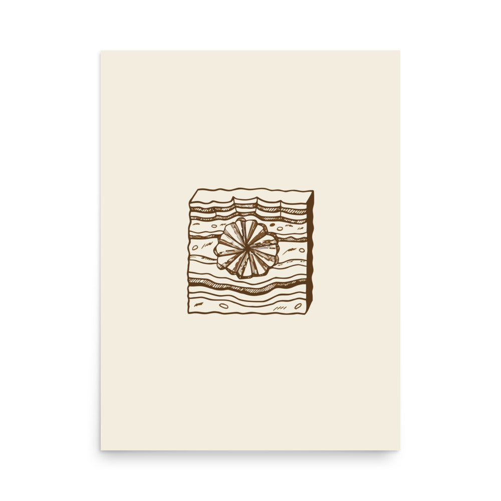 An exact technical drawing of a gypsum desert rose crystal cluster printed as a minimalist art print. 18″×24″ size.