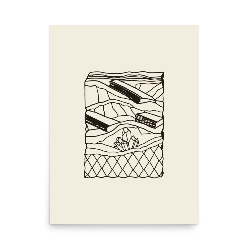 A minimalist line art design of a flat Carboniferous lycopod bark fossil plate printed on an art print. 18″×24″ size.