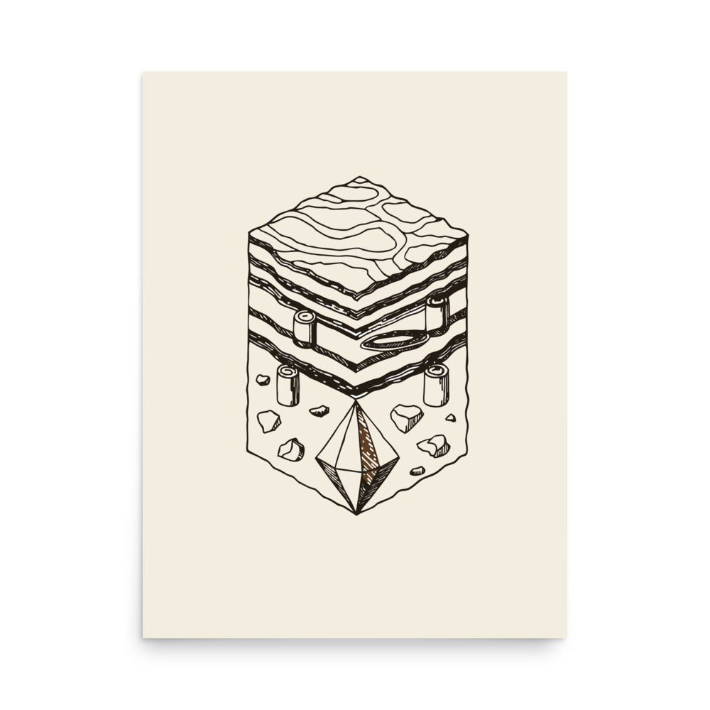 An orthographic line drawing of a calcite scalenohedron crystal printed on an art print. 18″×24″ size.