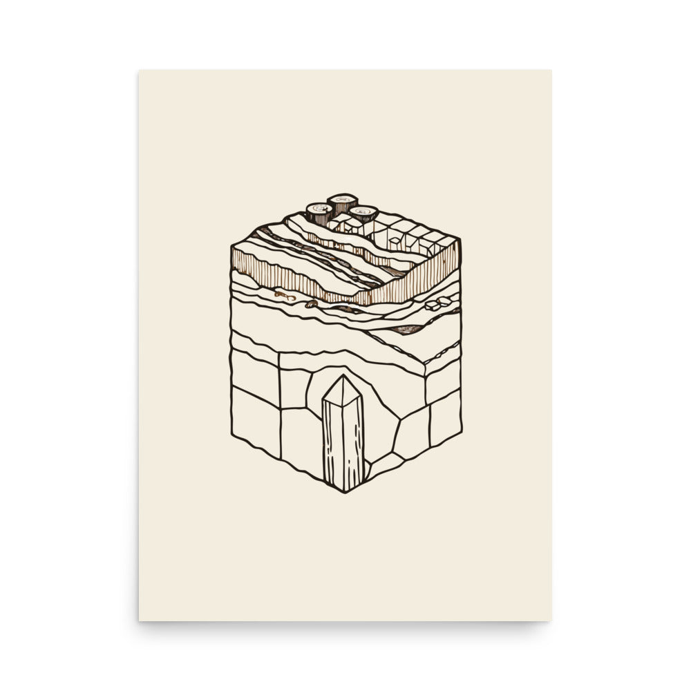 A clean geometric line drawing of a single beryl hexagonal column printed on a minimalist art print. 18″×24″ size.