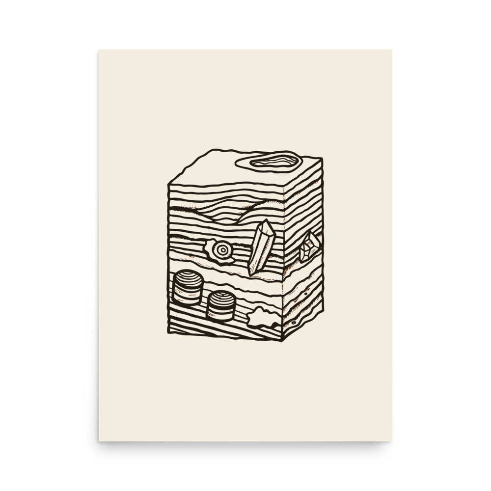 An angular unconformity geological cross-section in minimalist line art printed on a paper art print. 18″×24″ size.