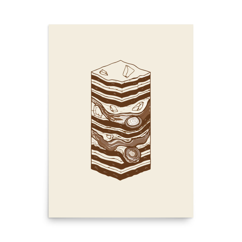 A vertical stratigraphic diagram of lake-bed varves printed as minimalist line art on an art print. 18″×24″ size.