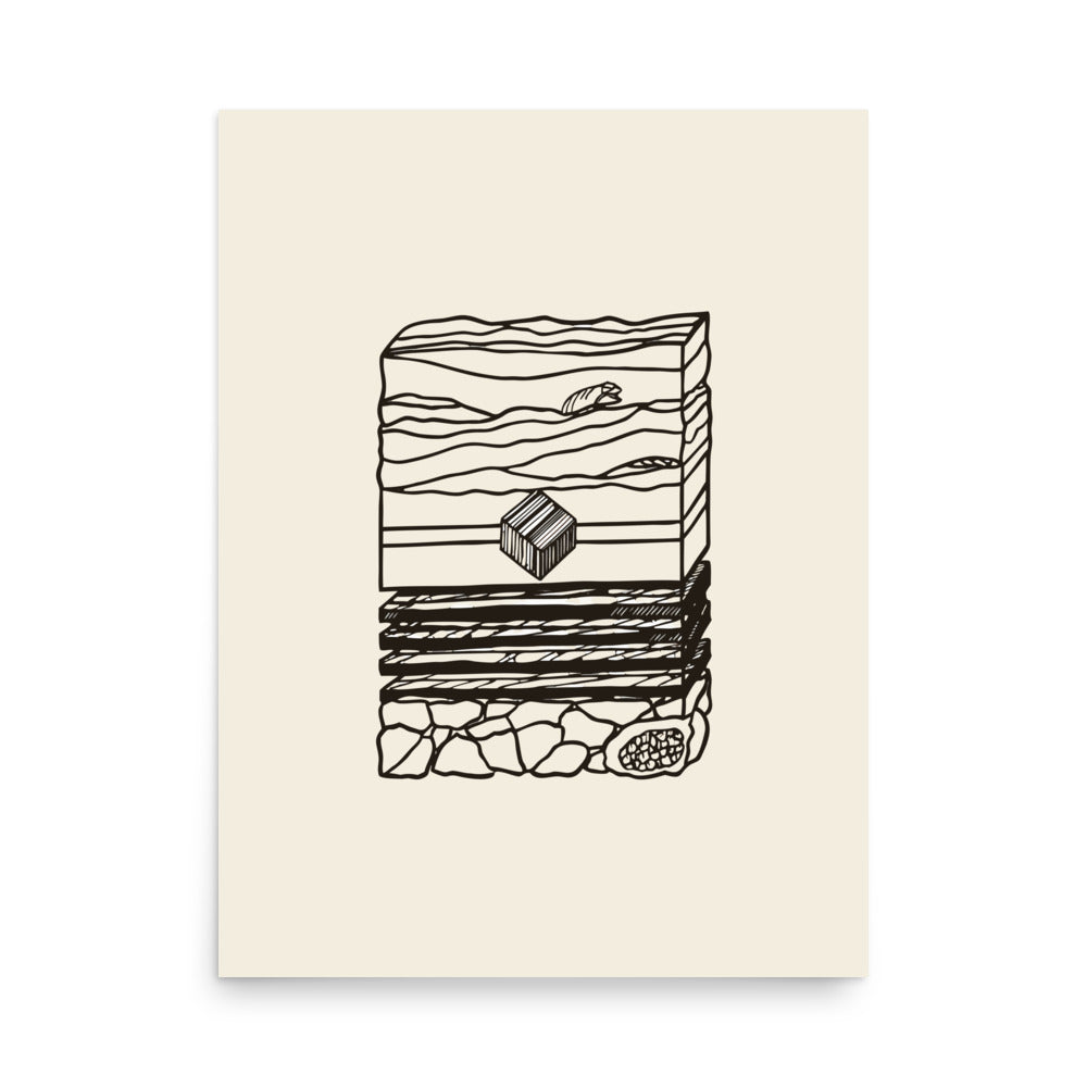 A crystallographic line drawing of two interpenetrating pyrite cubes with fine parallel striations on an art print. 18″×24″ size.