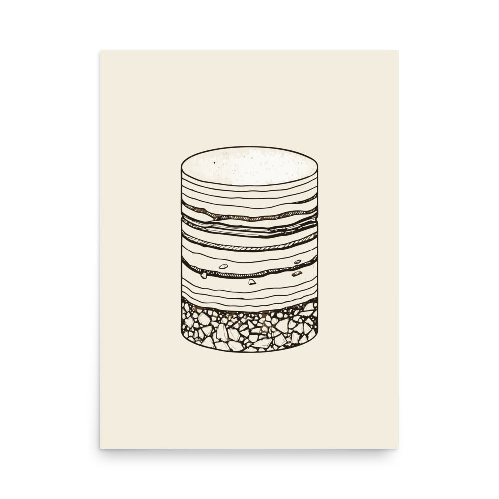 The stippled illustration of a vertical drilled core sample with graded bedding on an art print. 18″×24″ size.