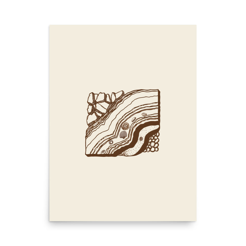 An asymmetric anticline fold stratigraphic cross-section in clean hairline line art printed on a minimalist art print. 18″×24″ size.