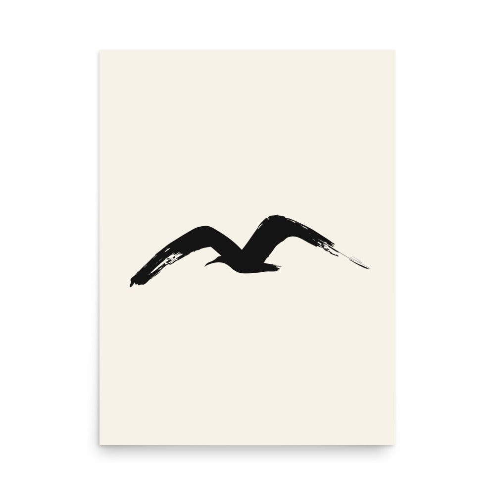 A single M-shaped sumi-e brush stroke representing a gliding gull, printed on a fine art print. 18″×24″ size.