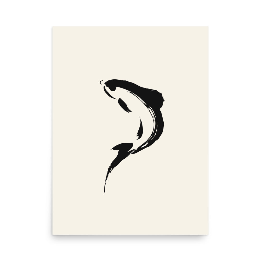 A minimalist sumi-e brushstroke of a rising trout back and tail printed on an art print. 18″×24″ size.