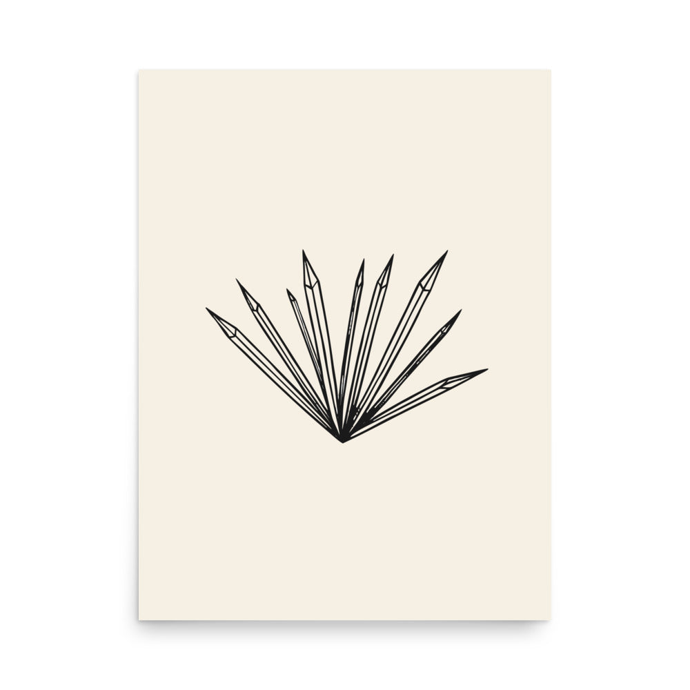 A minimalist print of radiating hoarfrost crystal needles on an art print. 18″×24″ size.