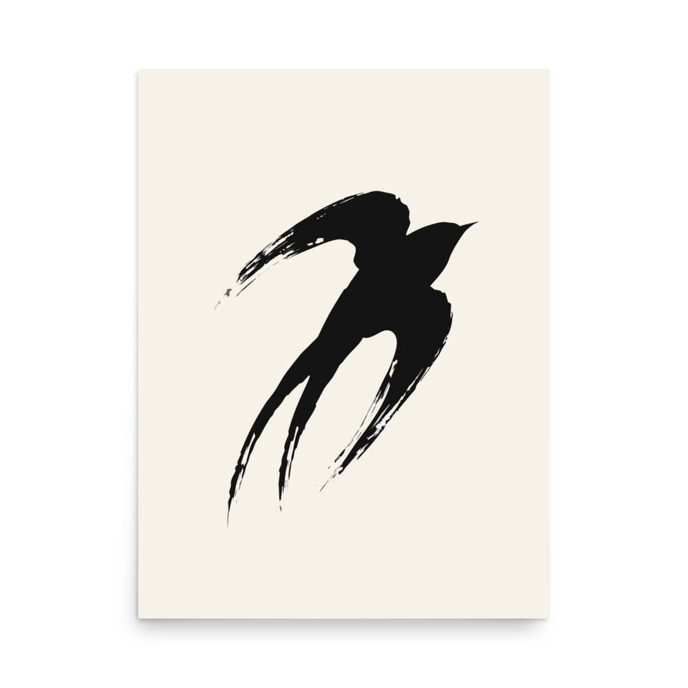 A minimalist sumi-e ink painting of an ascending swallow printed on an art print. 18″×24″ size.