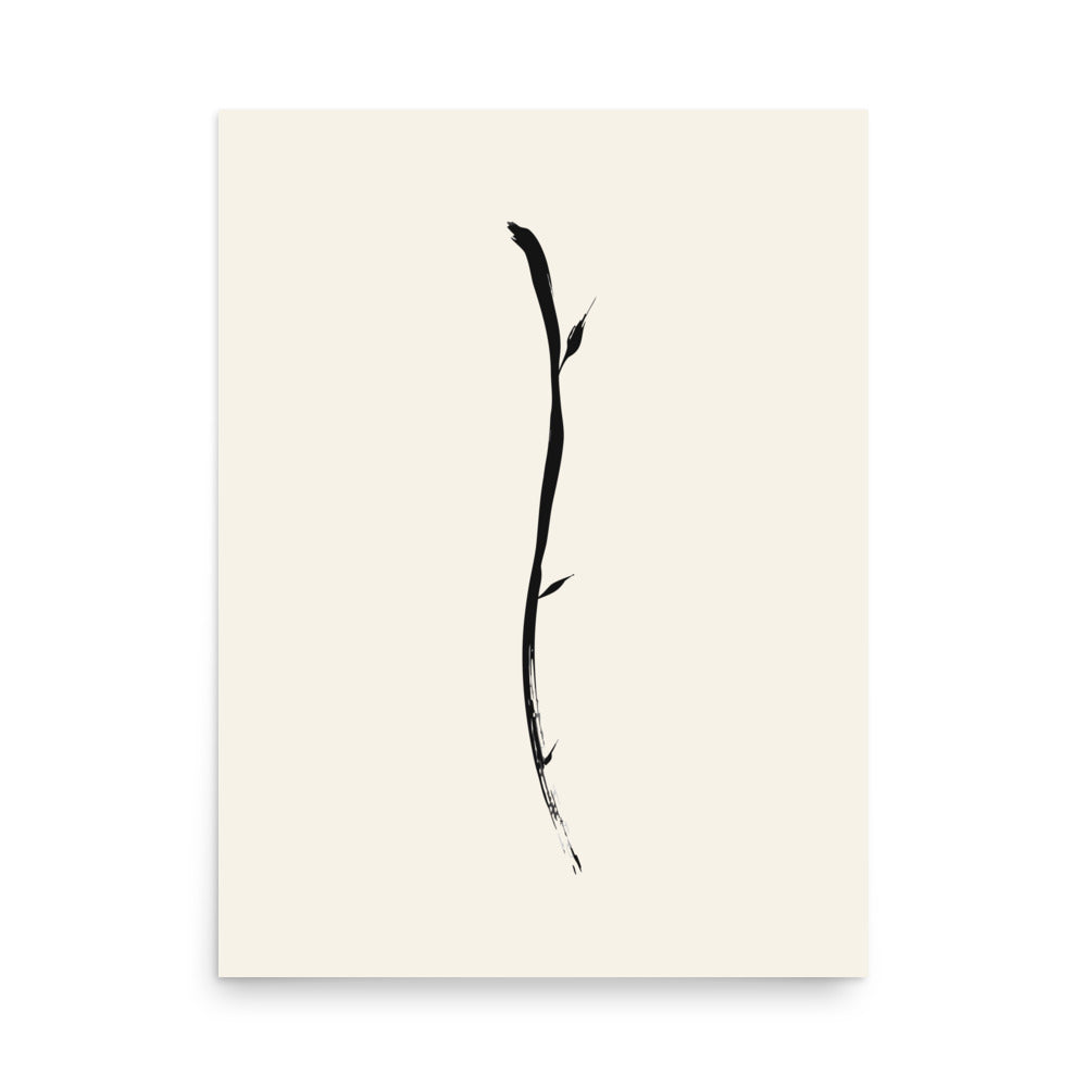 Minimalist sumi-e ink design of a single drooping willow twig printed on an art print. 18″×24″ size.