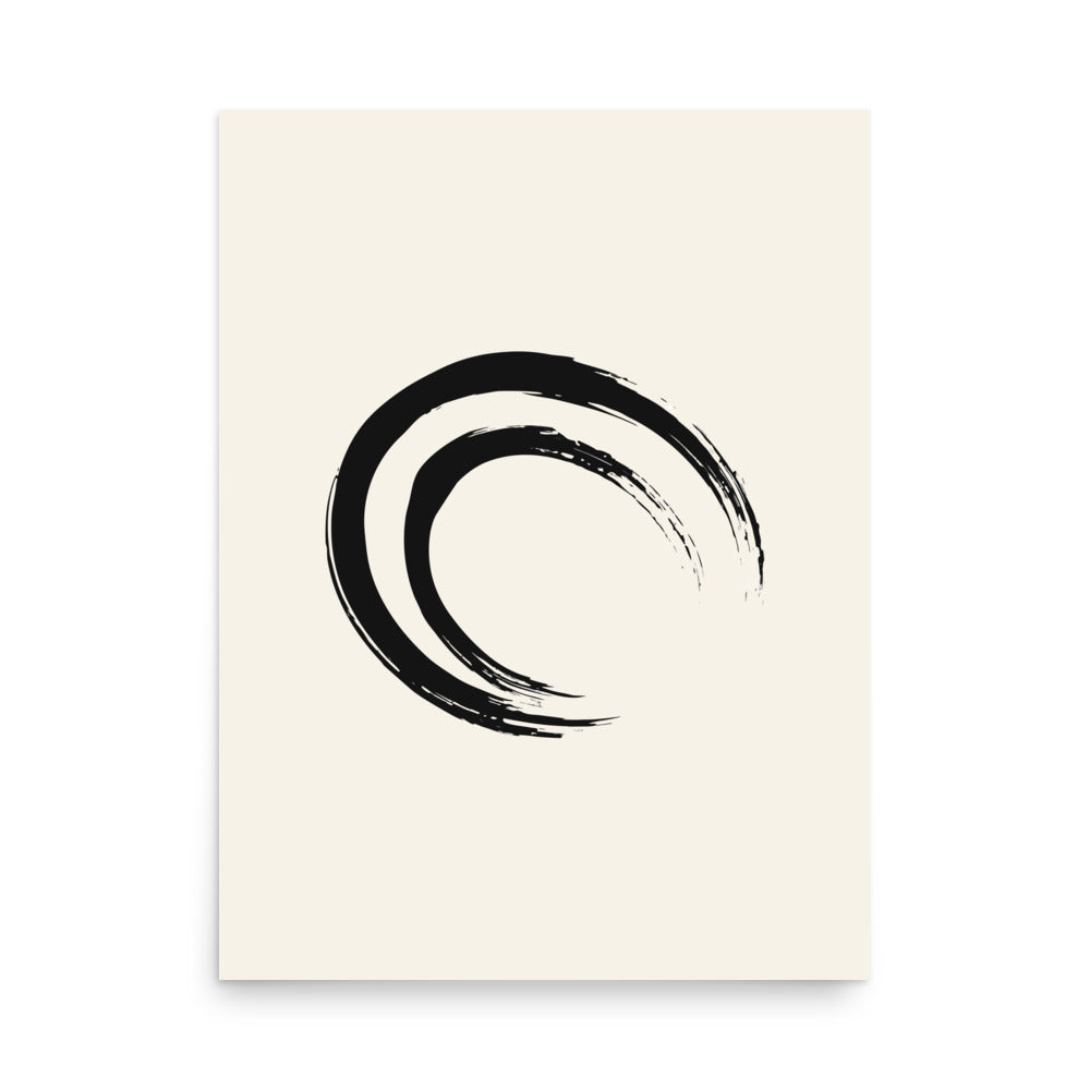 A double-layered crescent enso sumi-e painting printed on a minimalist art print. 18″×24″ size.