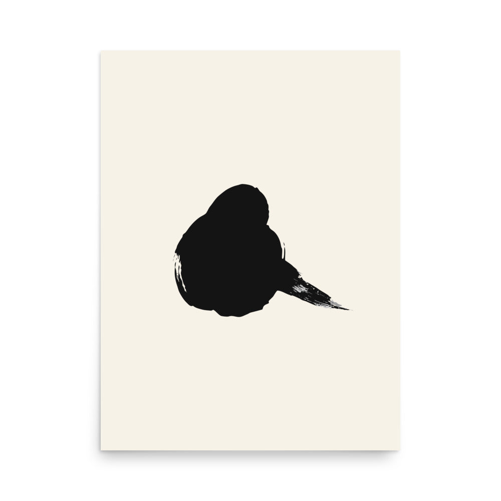 A minimalist resting sparrow printed in black sumi-e ink on an art print, showing a single wet brushstroke body. 18″×24″ size.
