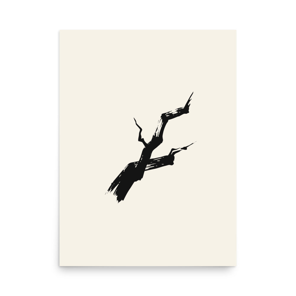 A rugged dry-brush sumi-e painting of a jagged pine branch printed on a fine art print. 18″×24″ size.