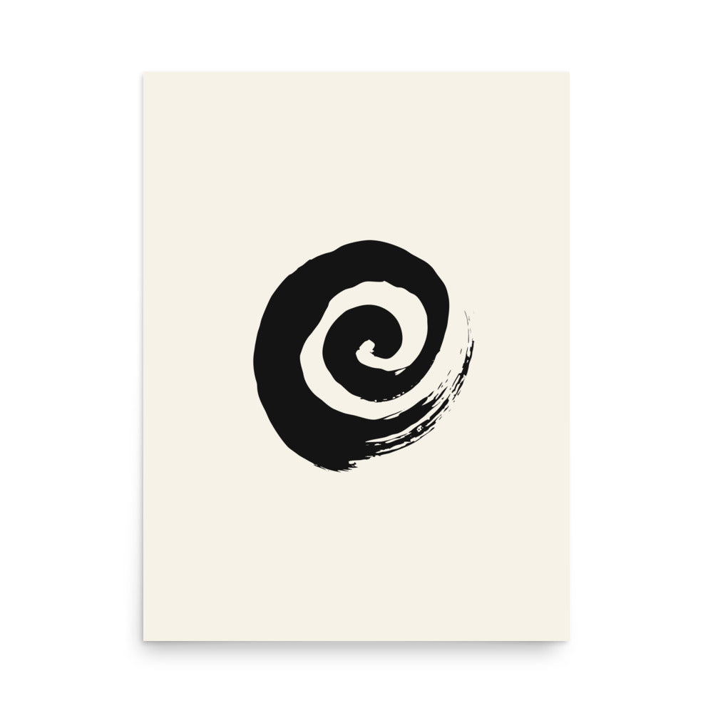 A minimal sumi-e spiral representing a coiled snail shell printed on an art print. 18″×24″ size.