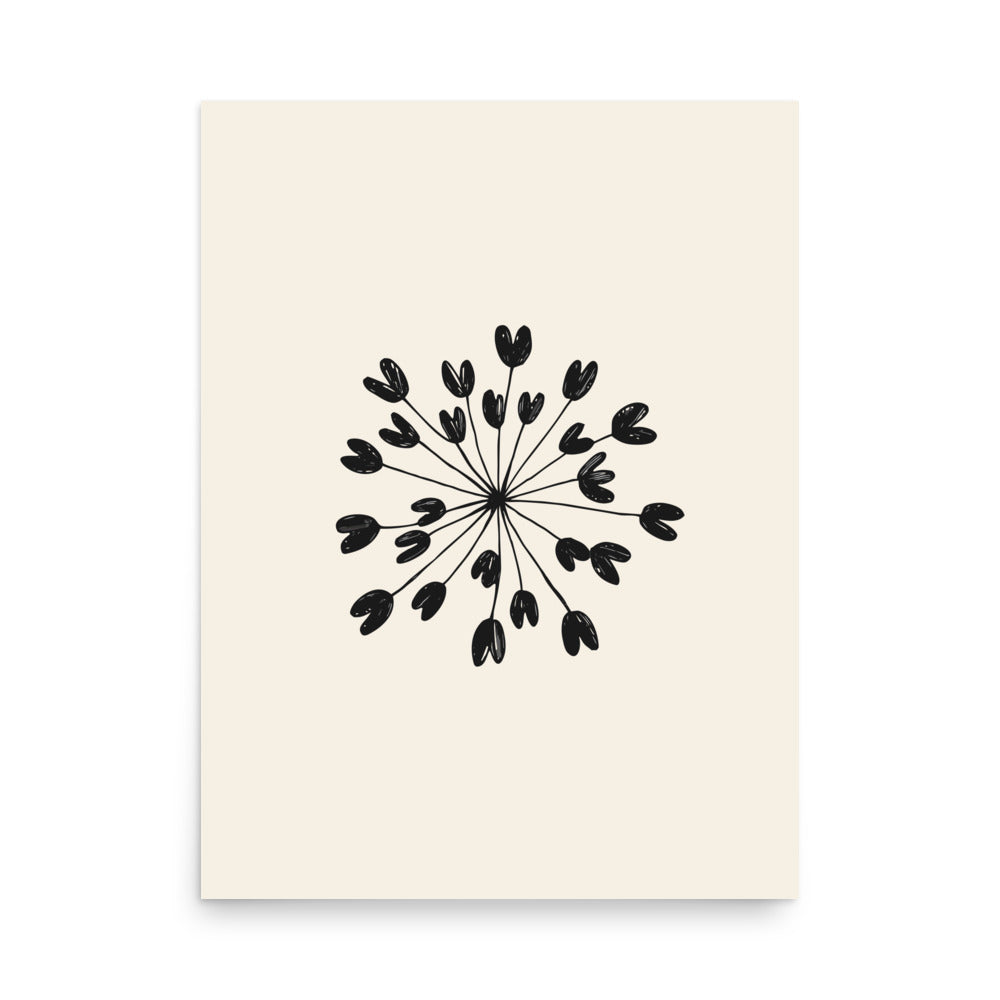 Fine hairline drawing of a lovage seed umbellule with radiating stems and ribbed seeds on an art print. 18″×24″ size.