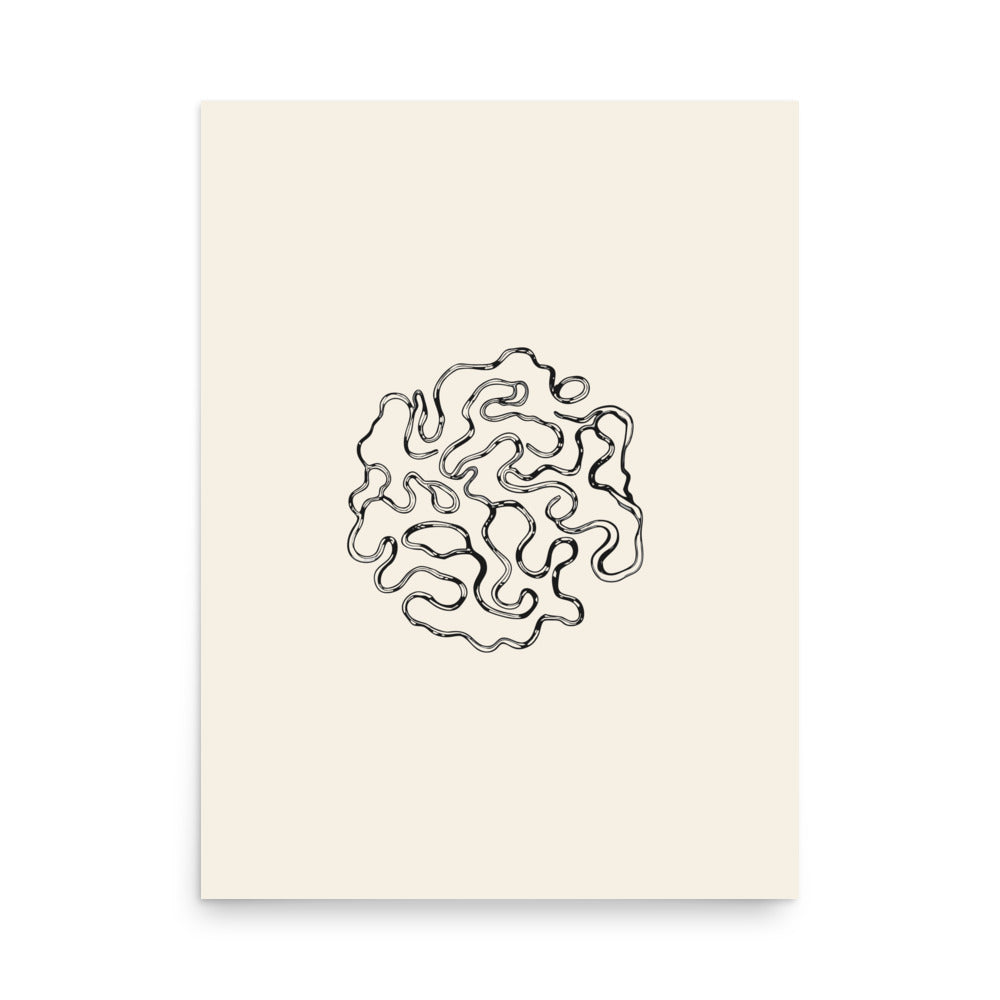 An anastomosing river network design featuring winding channels and islands, printed in minimalist topographic line art on an art print. 18″×24″ size.