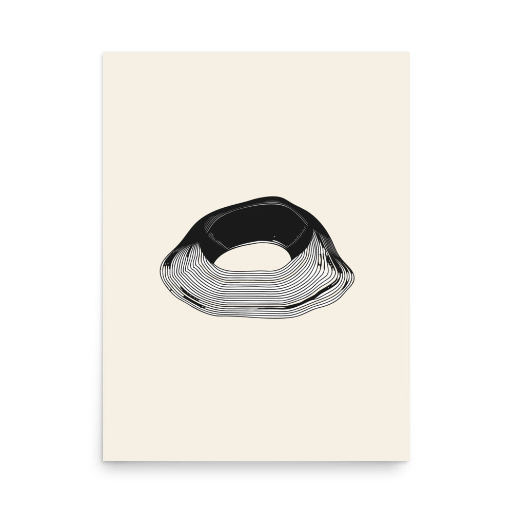 A minimal topographic design of concentric contour lines mapping a kettle lake basin, printed on an art print. 18″×24″ size.