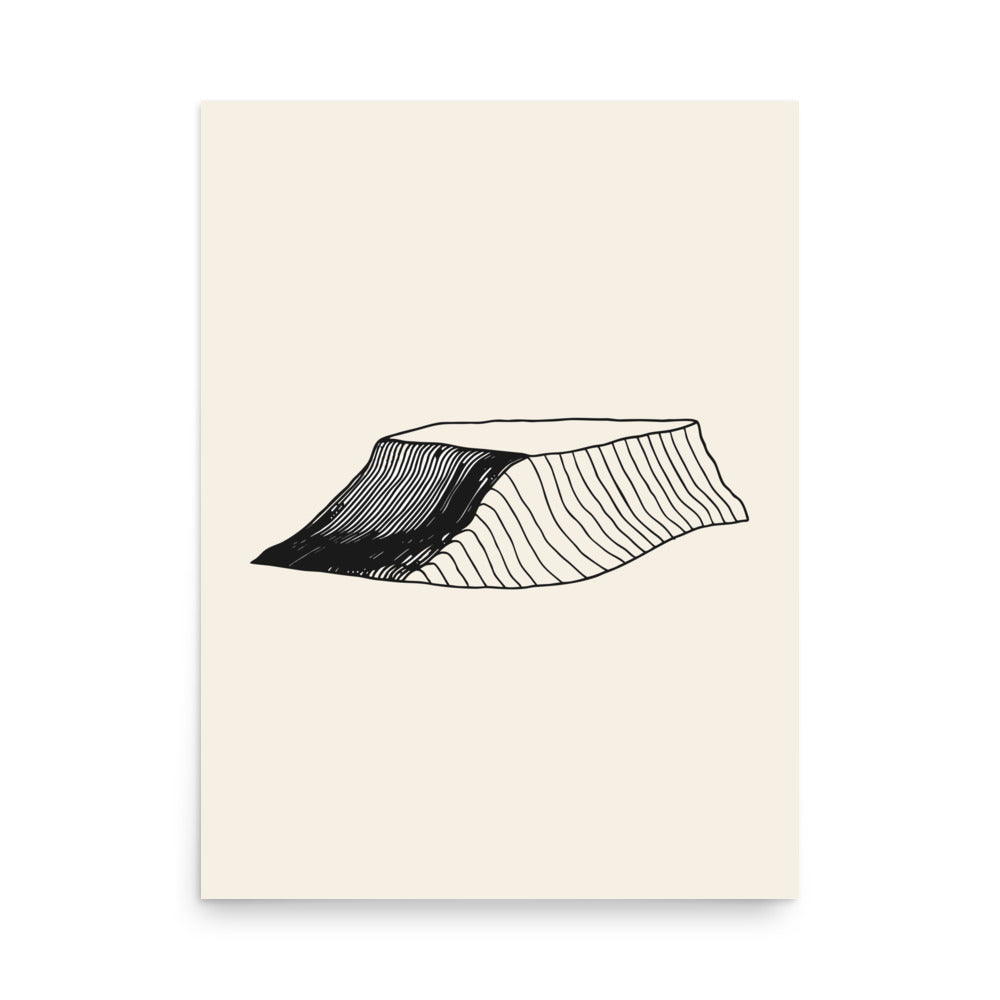 A minimal black and white bathymetric art print showing the topography of the continental shelf break. 18″×24″ size.