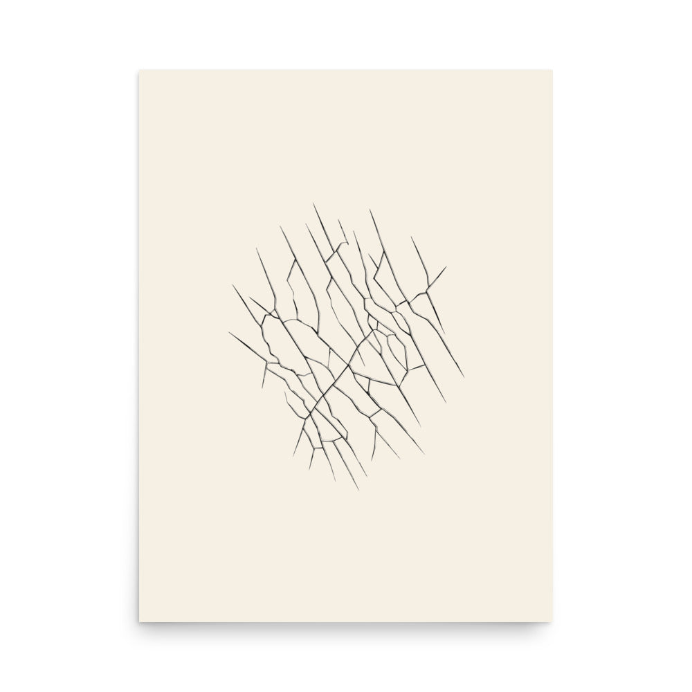 A plan-view schematic of glacier tension crevasse patterns in sharp, tapered lines printed on an art print. 18″×24″ size.