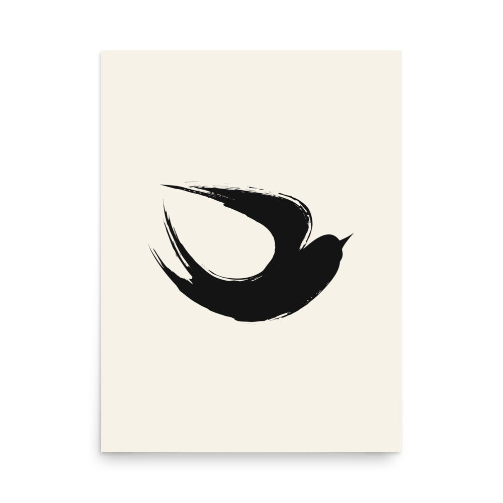 A minimalist sumi-e ink brush painting of a flying swallow on an art print. 18″×24″ size.