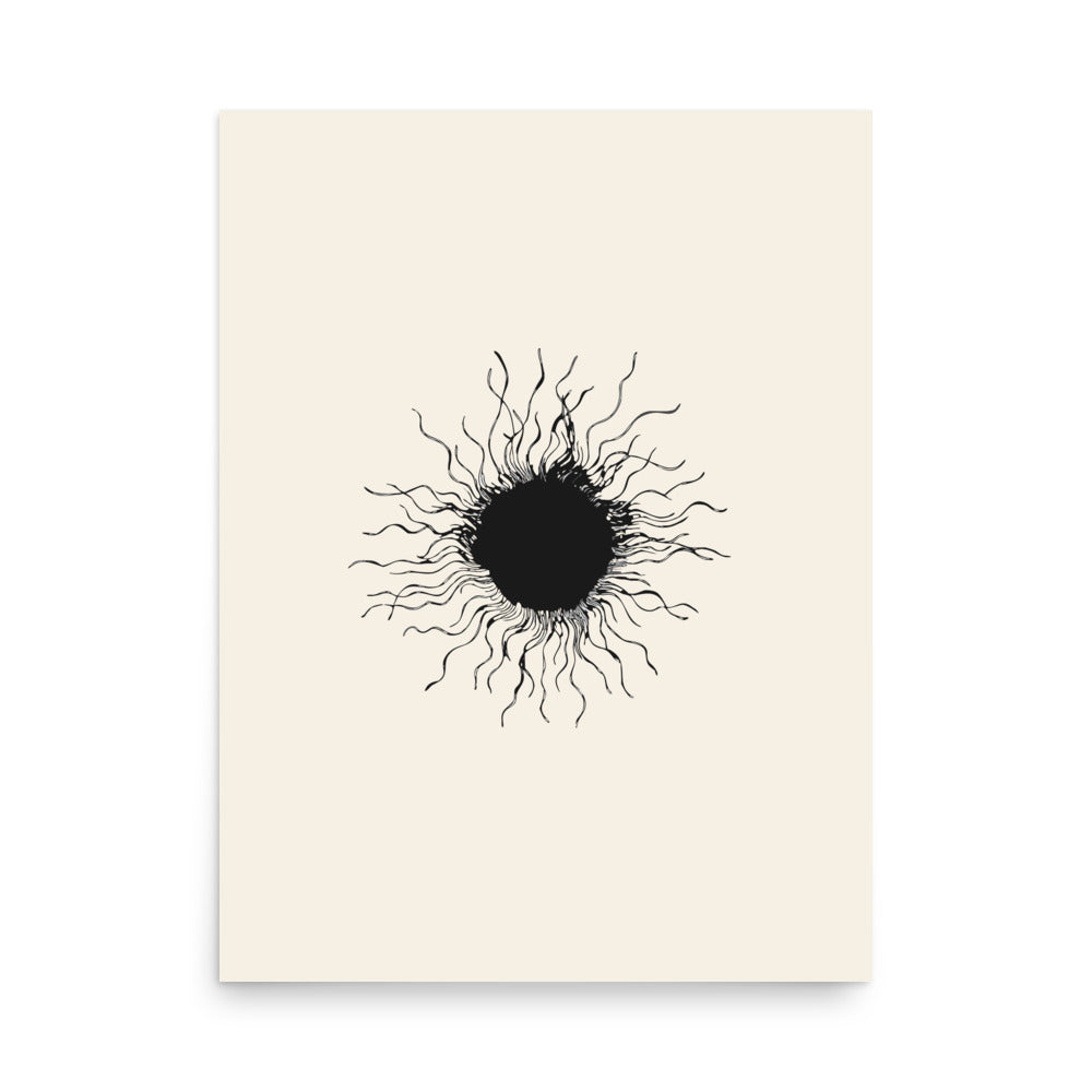 An ink-drawn diagram of a solar sunspot with radiating penumbra filaments printed on an art print. 18″×24″ size.