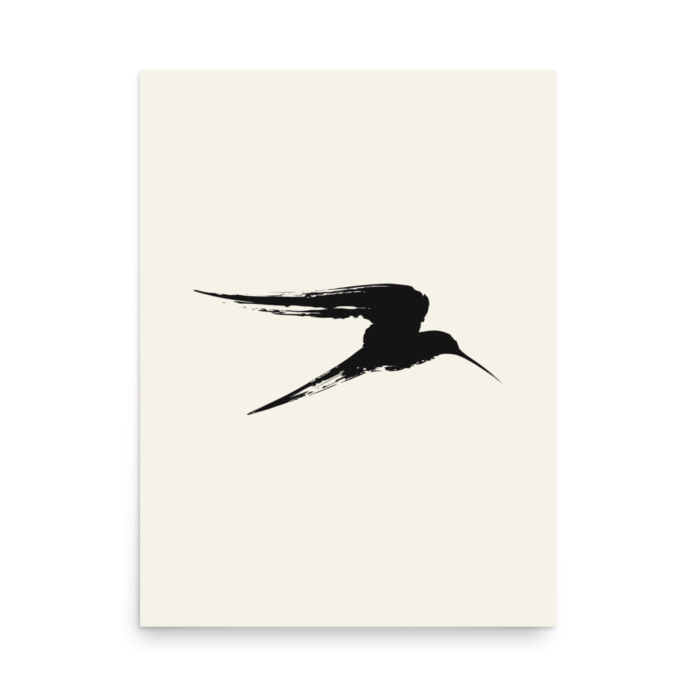 An asymmetric sumi-e ink painting of a gliding heron in flight, printed on an art print. 18″×24″ size.
