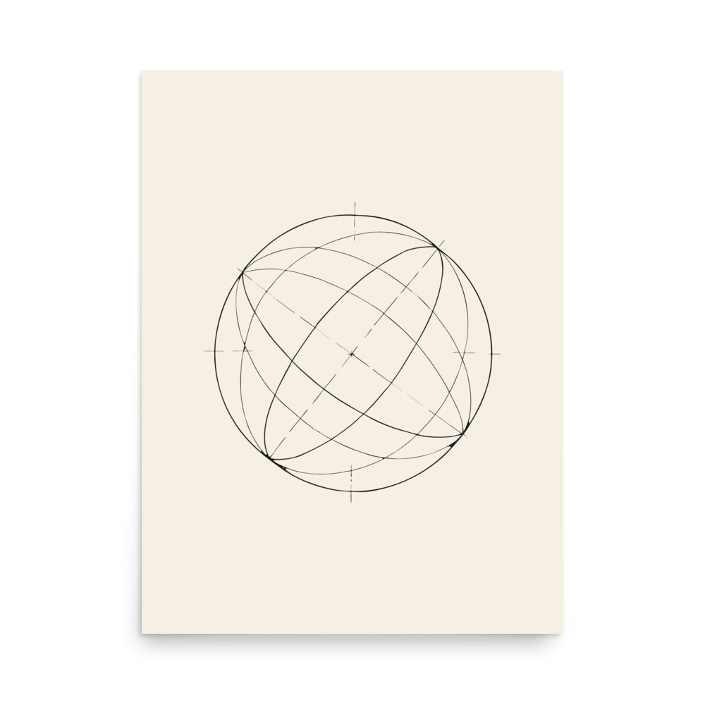 A two-tone line drawing of the celestial equator and ecliptic plane intersection on an art print. 18″×24″ size.