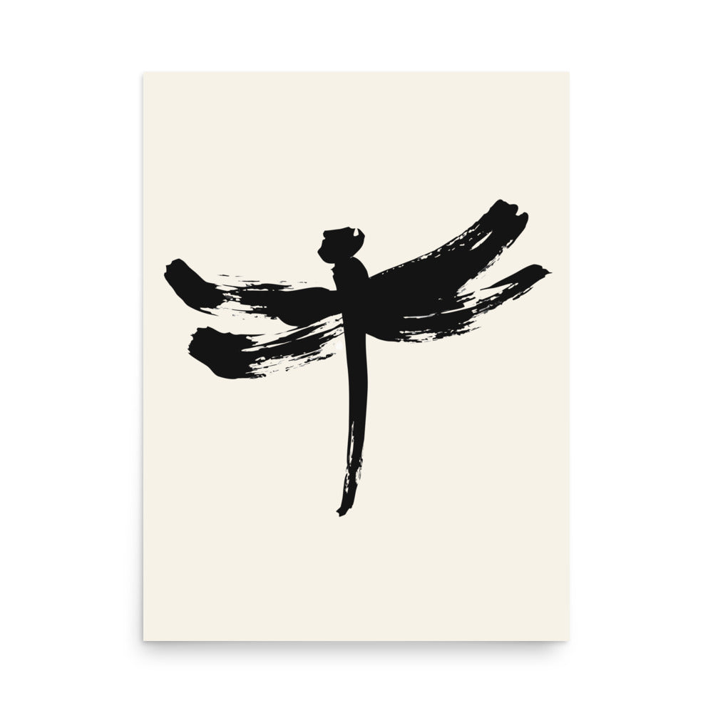A minimalist dragonfly sumi-e ink design printed on a fine art print. 18″×24″ size.