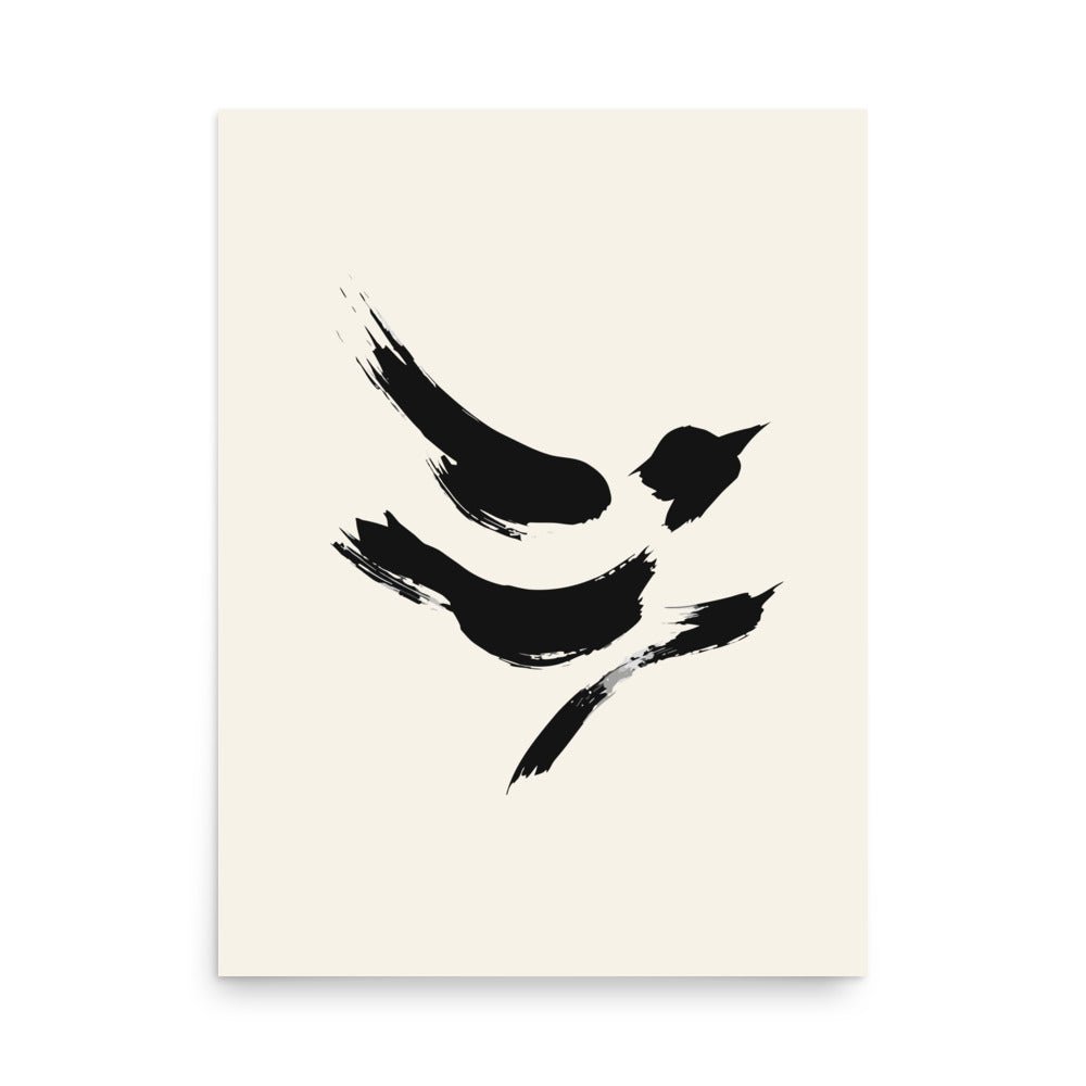 The minimal sumi-e design of a diving sparrow printed on a white art print. 18″×24″ size.