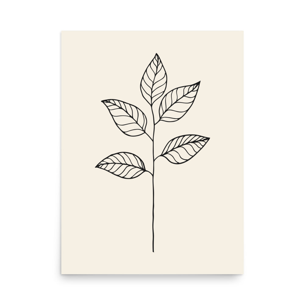 A minimal black ink illustration of a single eucalyptus stem with four ovate leaves on an art print. 18″×24″ size.