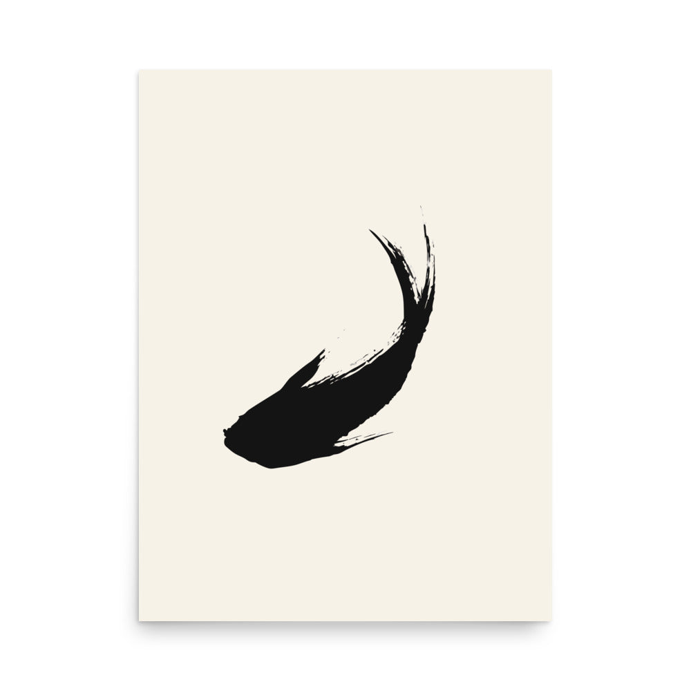 A minimal sumi-e ink brush painting of a single ascending carp printed on a premium art print. 18″×24″ size.