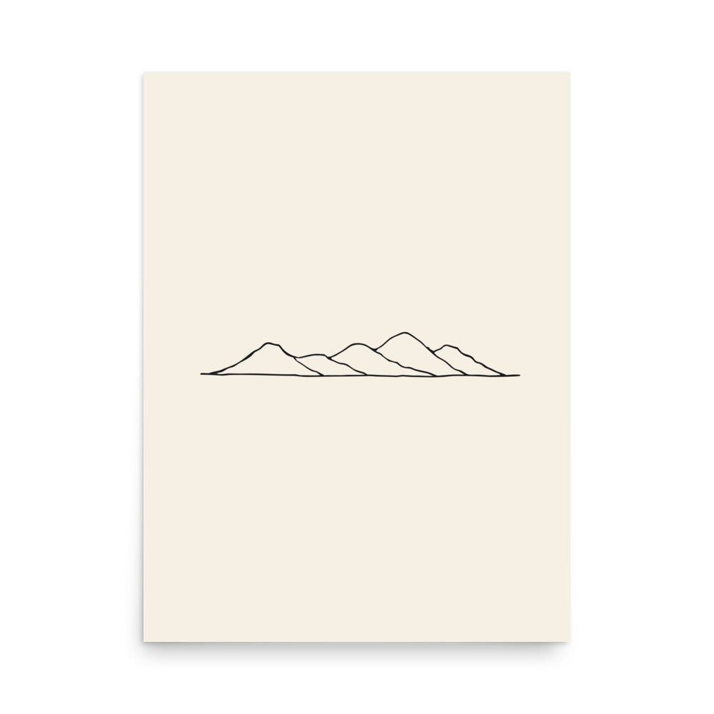 A minimalist topographic line art print showing five rolling hill peaks on an art print. 18″×24″ size.