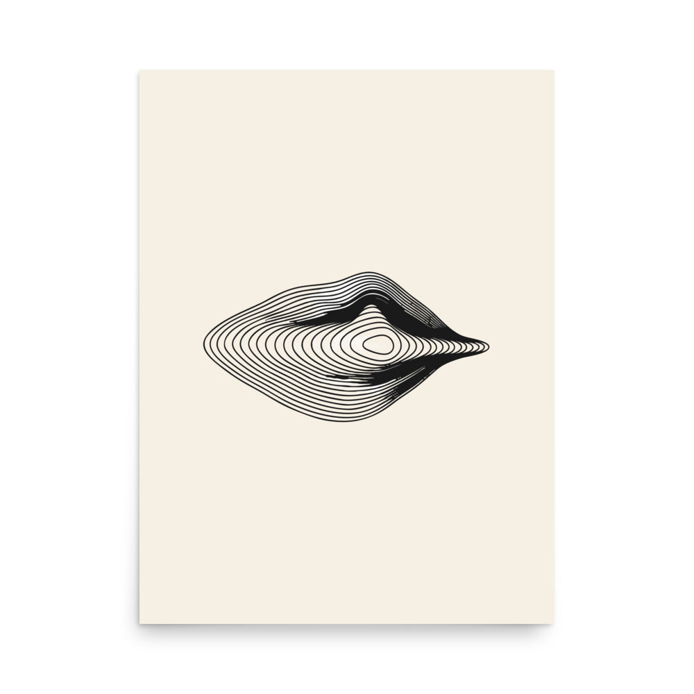 An engraving-style topographic contour design forming an asymmetric eye printed on an art print. 18″×24″ size.