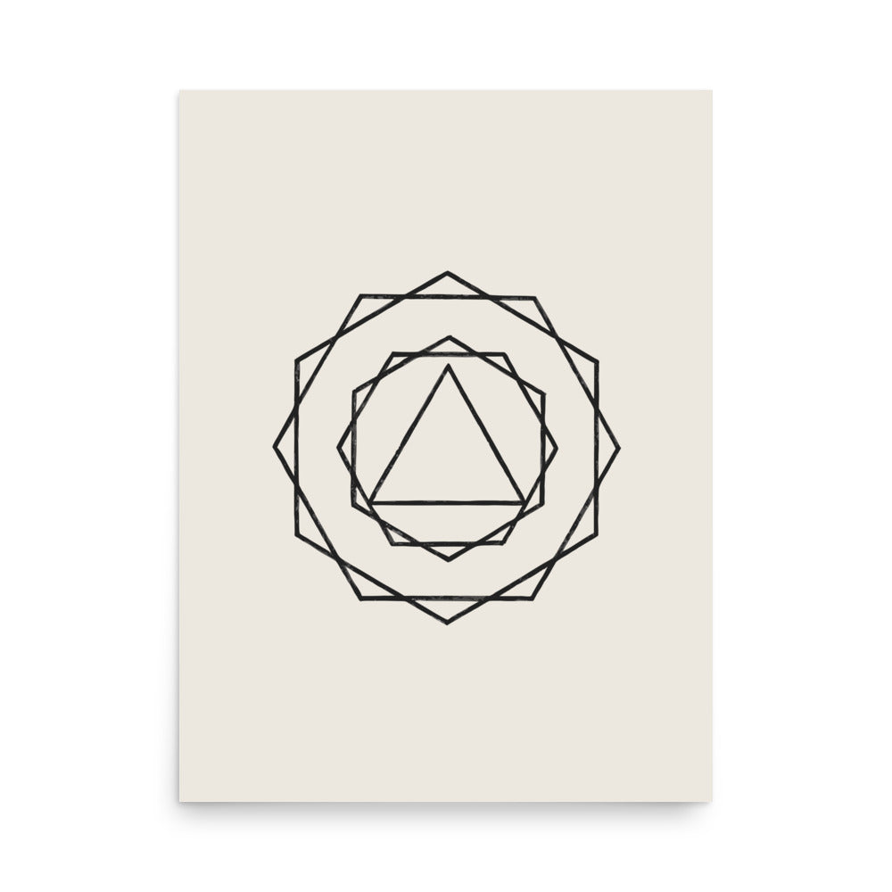 A nested progression of regular polygons from a central triangle to a 24-gon in crisp vector lines on an art print. 18″×24″ size.