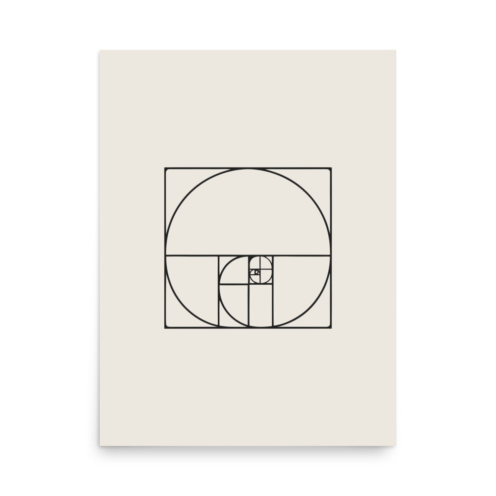 A minimalist geometric design featuring nesting Fibonacci squares and a sweeping logarithmic arc in fine hairline lines on an art print. 18″×24″ size.